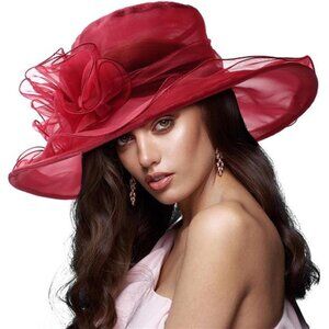 Women Organza Hats Cocktail Tea Party Red